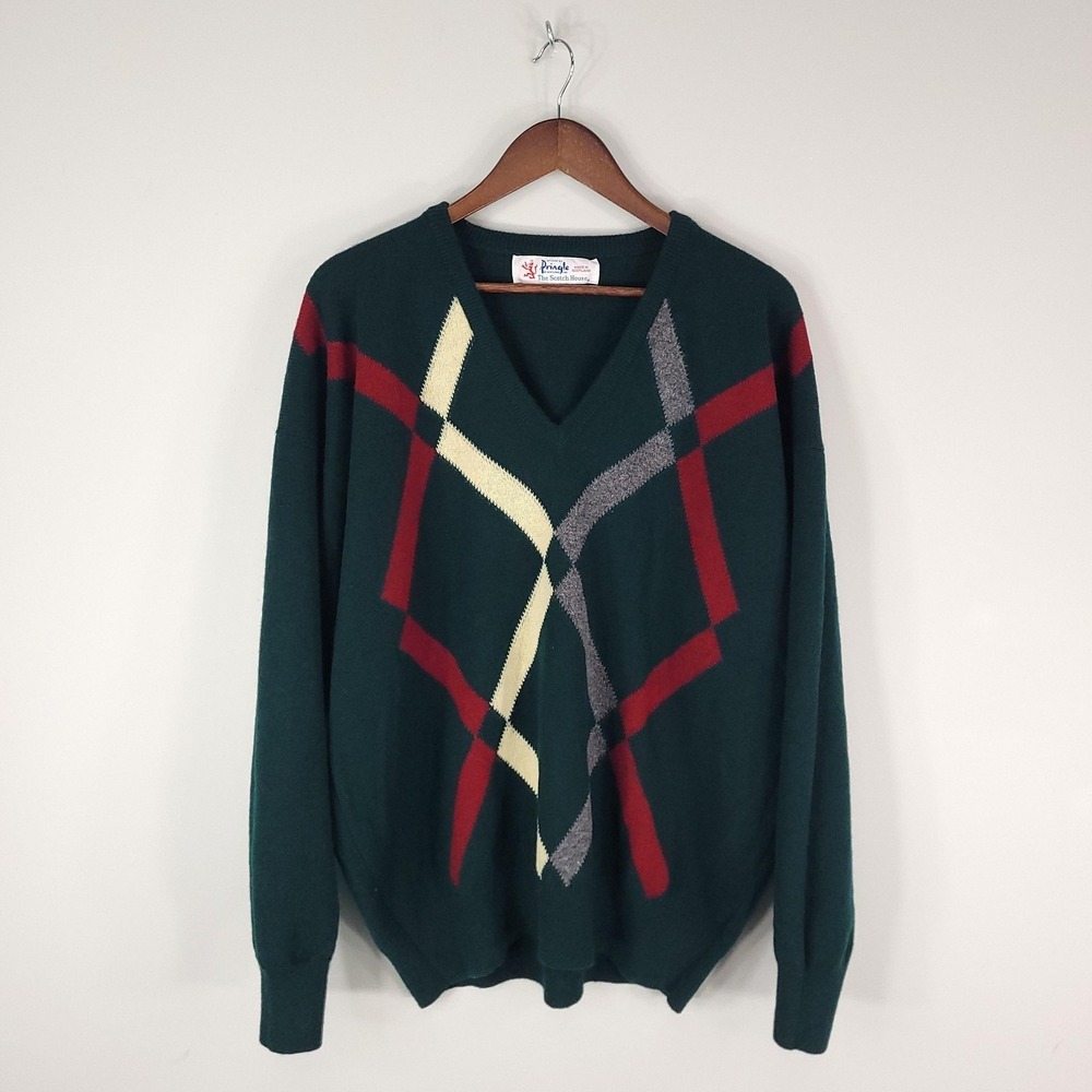 Pringle of Scotland Sweater Mens XL Green V Neck Argyle Pure New Wool Scotland